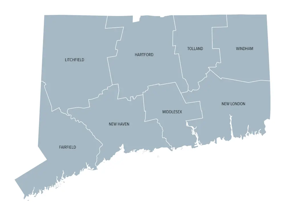 Connecticut County Map - Sell My CT Home Today Map of Connecticut highlighting Manchester, CT and surrounding areas served by Sell My CT Home Today.